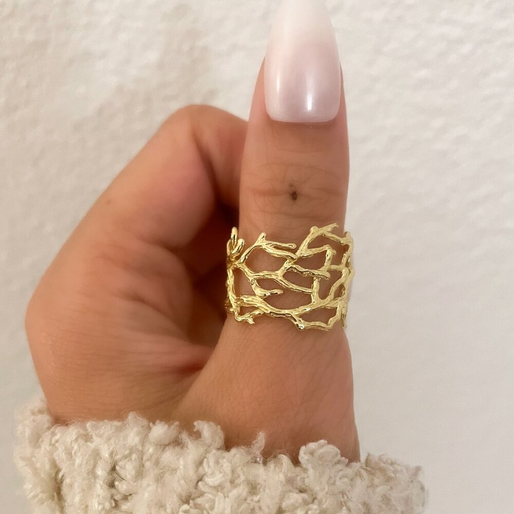 925 Sterling Silver Gold Textured Ring Vine Coral Tree Branch Ring Boho Ring - Picture 1 of 9